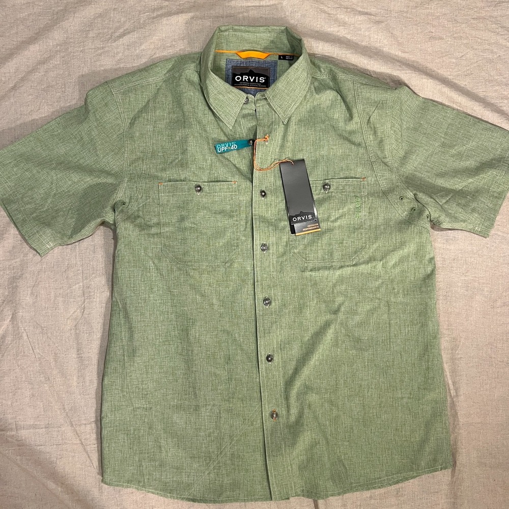 NWT Orvis Tech Chambray Work Shirt Mens L Green UPF 40 Fishing Hiking Outdoor